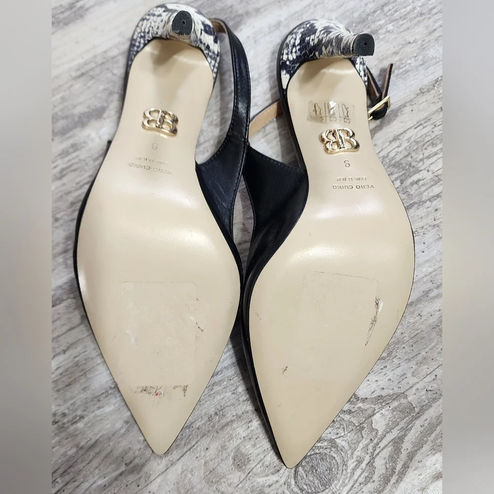 $295 Beautiisoles Michelle Black Leather Pointed Toe Slingback Pumps Size 9